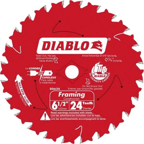 Freud - 6-1/2" Diam, 5/8" Arbor Hole Diam, 24 Tooth Wet & Dry Cut Saw Blade - Carbide-Tipped, Standard Round Arbor - Benchmark Tooling