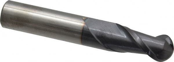 Accupro - 1/2" Diam, 1" LOC, 2 Flute Solid Carbide Ball End Mill - AlTiN Finish, Single End, 3" OAL, 1/2" Shank Diam, Spiral Flute - Benchmark Tooling