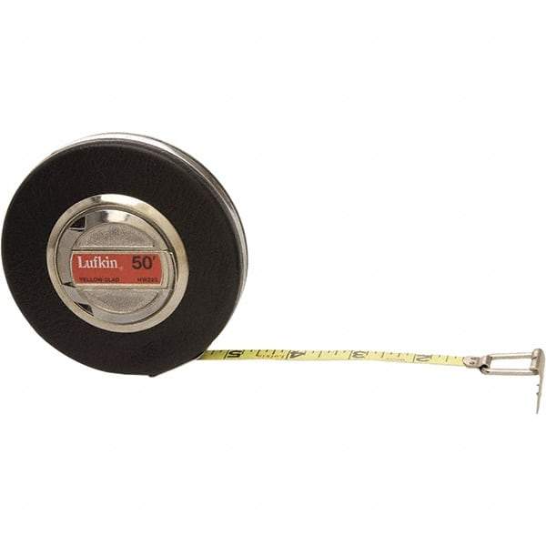 Lufkin - 50' x 3/8" Yellow Steel Blade Tape Measure - 1/10 & 1/100" Graduation, Black Steel Case - Benchmark Tooling