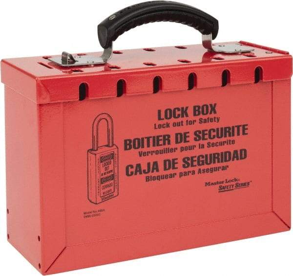 Master Lock - 3-3/4" Deep x 9-1/4" Wide x 6" High, Portable Group Lockout Box - Red, 12 Padlocks - Benchmark Tooling