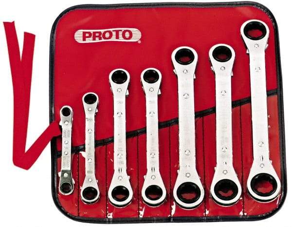 Proto - 7 Piece, 7mm to 21mm, 6, 12 Point Ratcheting Box Wrench Set - Metric Measurement Standard, Chrome Finish, Comes in Pouch - Benchmark Tooling