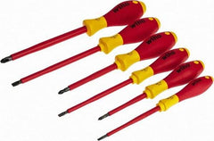 Wiha - 6 Piece Phillips & Slotted Screwdriver Set - Round Shank, Insulated Handle, Bit Sizes: Philips #1 to #3, Tip Thickness: 9/64, 3/16 & 1/4 - Benchmark Tooling