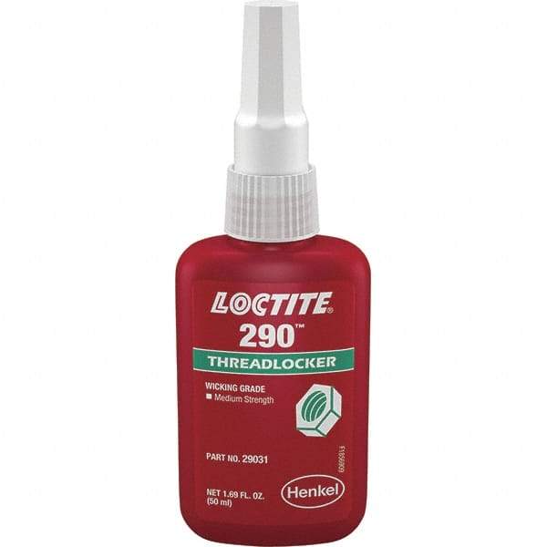 Loctite - 50 mL Bottle, Green, Medium Strength Liquid Threadlocker - Series 290, 24 hr Full Cure Time, Hand Tool, Heat Removal - Benchmark Tooling