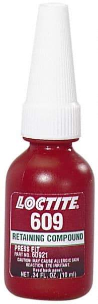 Loctite - 10 mL Bottle, Green, Medium Strength Liquid Retaining Compound - Series 609, 24 hr Full Cure Time, Heat Removal - Benchmark Tooling