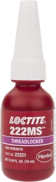 Loctite - 10 mL Bottle, Purple, Low Strength Liquid Threadlocker - Series 222MS, 24 hr Full Cure Time, Hand Tool Removal - Benchmark Tooling