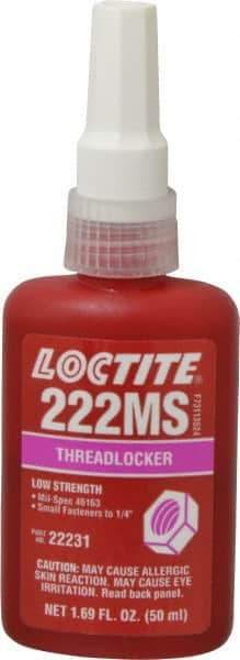 Loctite - 50 mL Bottle, Purple, Low Strength Liquid Threadlocker - Series 222MS, 24 hr Full Cure Time, Hand Tool, Heat Removal - Benchmark Tooling