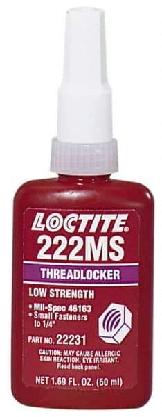 Loctite - 250 mL Bottle, Purple, Low Strength Liquid Threadlocker - Series 222MS, 24 hr Full Cure Time, Hand Tool, Heat Removal - Benchmark Tooling