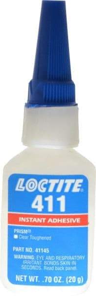 Loctite - 0.70 oz Bottle Clear Instant Adhesive - Series 411, 30 sec Fixture Time, 24 hr Full Cure Time, Bonds to Metal, Plastic & Rubber - Benchmark Tooling