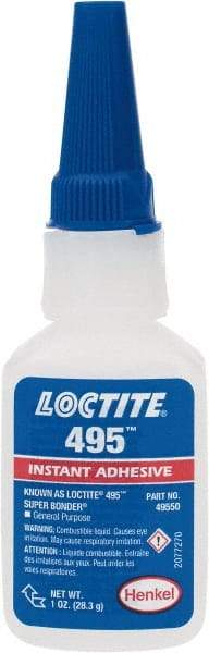 Loctite - 1 oz Bottle Clear Instant Adhesive - Series 495, 20 sec Fixture Time, 24 hr Full Cure Time, Bonds to Metal, Plastic & Rubber - Benchmark Tooling