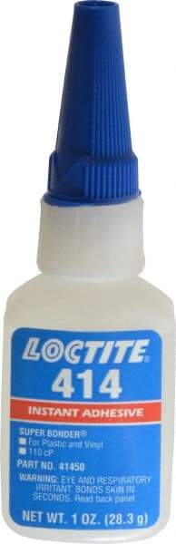 Loctite - 1 oz Bottle Clear Instant Adhesive - Series 414, 20 sec Fixture Time, 24 hr Full Cure Time, Bonds to Metal, Plastic & Rubber - Benchmark Tooling