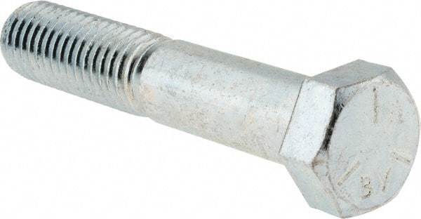Made in USA - 9/16-12 UNC, 3" Length Under Head Hex Head Cap Screw - Partially Threaded, Grade 5 Steel, Zinc-Plated Finish, 13/16" Hex - Benchmark Tooling