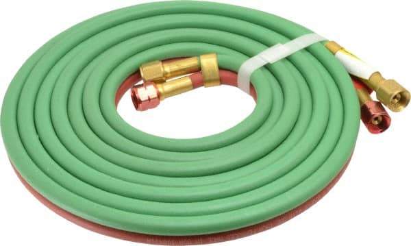 Parker - 3/16" Inside x 7/16" Outside Diam, Grade T Welding Hose - Green & Red, 12-1/2' Long, Twin Style, 200 psi Working Pressure - Benchmark Tooling