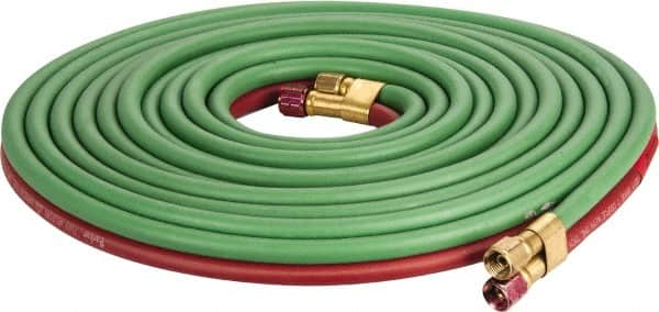 Parker - 1/4" Inside x 17/32" Outside Diam, Grade T Welding Hose - Green & Red, 25' Long, Twin Style, 200 psi Working Pressure - Benchmark Tooling