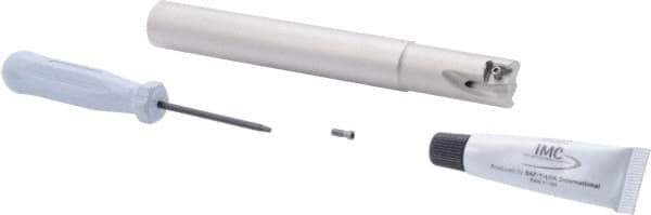 Iscar - 3/4" Cut Diam, 0.315" Max Depth of Cut, 3/4" Shank Diam, 6" OAL, Indexable Square Shoulder Helical End Mill - T490 LN.T 0804 Inserts, Weldon Shank, 90° Lead Angle, Through Coolant, Series Helitang - Benchmark Tooling