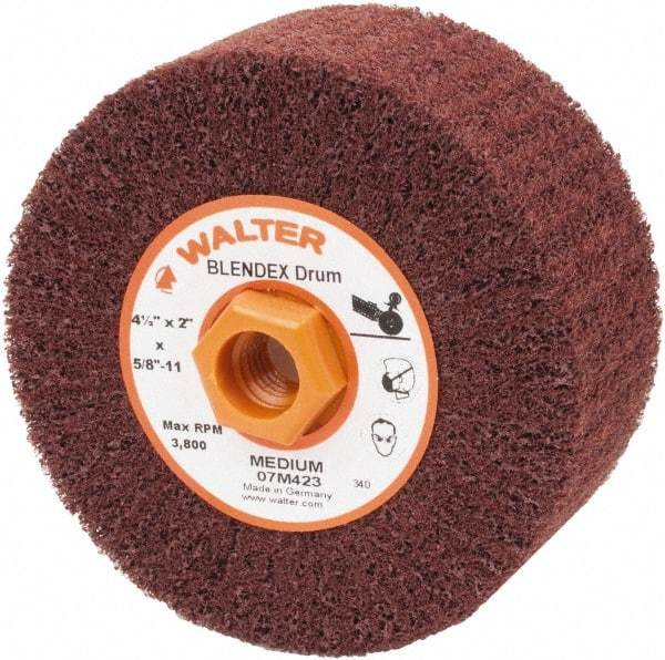 WALTER Surface Technologies - 4-1/2" Diam Aluminum Oxide Unmounted Flap Wheel - 5/8" Hole, 5/8-11 Thread, 2" Wide, Nonwoven, Medium Grade, 3,800 Max RPM - Benchmark Tooling