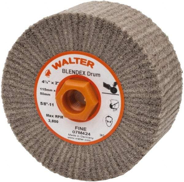 WALTER Surface Technologies - 4-1/2" Diam Aluminum Oxide Unmounted Flap Wheel - 5/8" Hole, 5/8-11 Thread, 2" Wide, Nonwoven, Fine Grade, 3,800 Max RPM - Benchmark Tooling