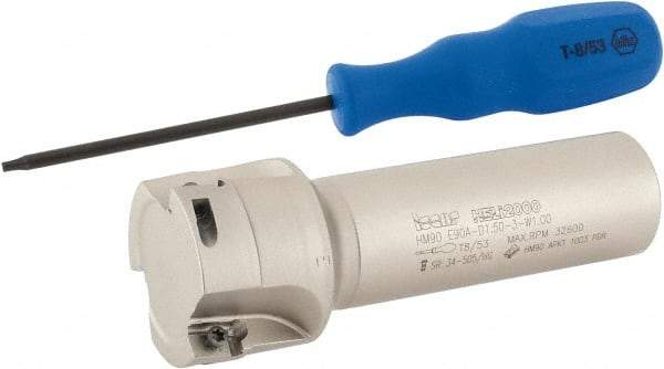 Iscar - 1-1/2" Cut Diam, 0.394" Max Depth of Cut, 1" Shank Diam, 4" OAL, Indexable Square Shoulder End Mill - AP..1003.., HM90 AP..1003.. Inserts, Weldon Shank, 90° Lead Angle, Series Heli2000 - Benchmark Tooling