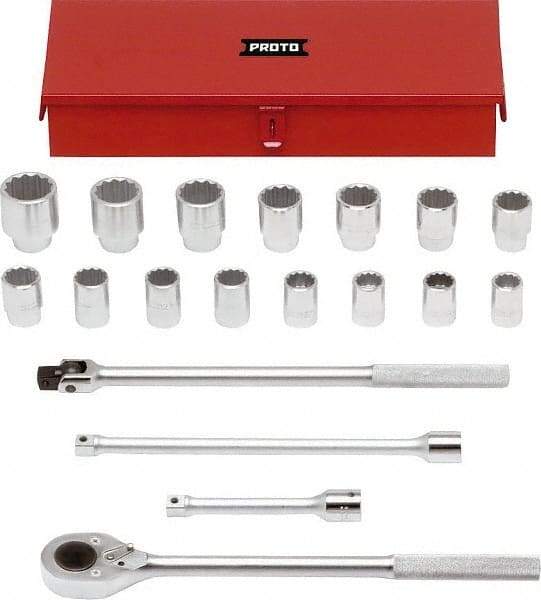 Proto - 19 Piece 3/4" Drive Chrome Finish Socket Set - 12 Points, 24mm to 46mm Range, Metric Measurement Standard - Benchmark Tooling