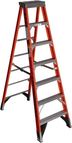 Werner - 6 Steps, 7' High, Type IAA Rating, Fiberglass Step Ladder - 375 Lb Capacity, 26-3/4" Base Width - Benchmark Tooling