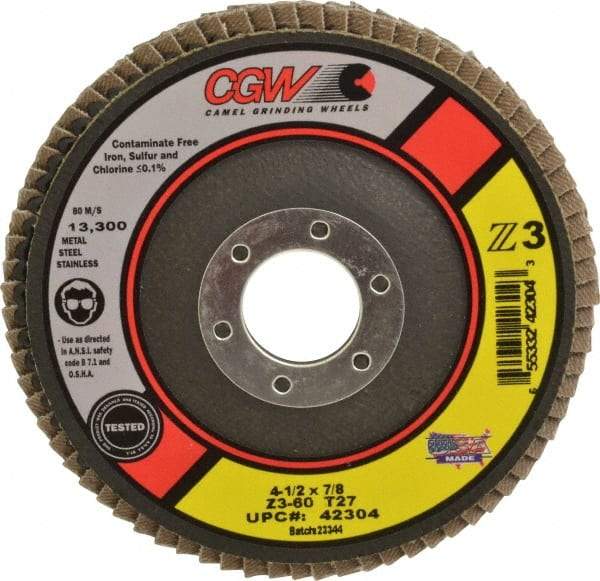 Camel Grinding Wheels - 60 Grit, 4-1/2" Disc Diam, 7/8" Center Hole, Type 27 Zirconia Alumina Flap Disc - 13,300 Max RPM, Poly Cotton Backing, Arbor Attaching System, Coated - Benchmark Tooling