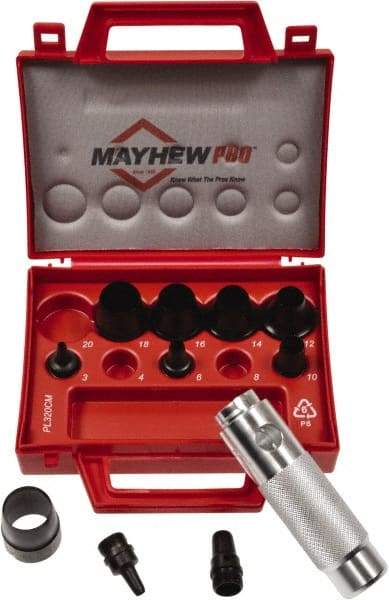 Mayhew - 11 Piece, 3 to 20mm, Hollow Punch Set - Round Shank, Alloy Steel, Comes in Plastic Case - Benchmark Tooling