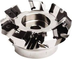 Seco - 96mm Cut Diam, 27mm Arbor Hole, 7.5mm Max Depth of Cut, 45° Indexable Chamfer & Angle Face Mill - 6 Inserts, SE.. 1505 Insert, Right Hand Cut, 6 Flutes, Through Coolant, Series QuattroMill - Benchmark Tooling