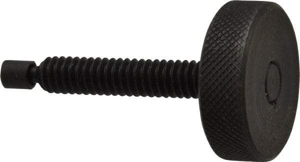 Gibraltar - 1/4-20 Knurled Shoulderless Swivel Pad Tip Steel Thumb Screw - 1-13/16" OAL, 1" Head Diam x 5/16" Head Height, Black Oxide Finish - Benchmark Tooling