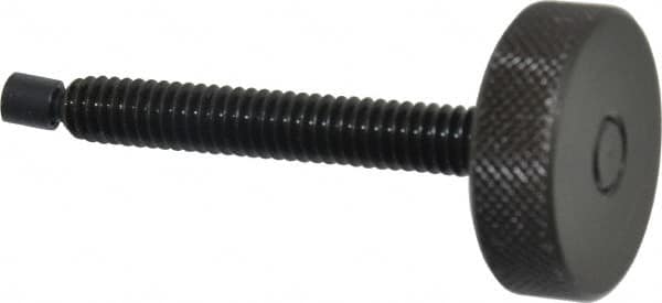 Gibraltar - 1/4-20 Knurled Shoulderless Swivel Pad Tip Steel Thumb Screw - 2-5/16" OAL, 1" Head Diam x 5/16" Head Height, Black Oxide Finish - Benchmark Tooling