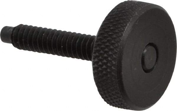 Gibraltar - #10-24 Knurled Shoulderless Dog Point Tip Grade 12L14 Steel Thumb Screw - 1-1/4" OAL, 3/4" Head Diam x 1/4" Head Height, Black Oxide Finish - Benchmark Tooling