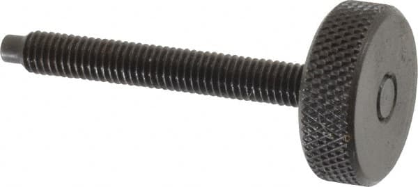 Gibraltar - #10-32 Knurled Shoulderless Dog Point Tip Grade 12L14 Steel Thumb Screw - 1-3/4" OAL, 3/4" Head Diam x 1/4" Head Height, Black Oxide Finish - Benchmark Tooling