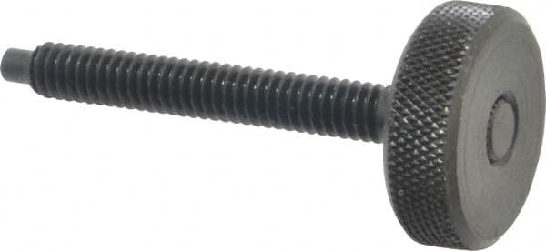 Gibraltar - 1/4-20 Knurled Shoulderless Dog Point Tip Grade 12L14 Steel Thumb Screw - 2-5/16" OAL, 1" Head Diam x 5/16" Head Height, Black Oxide Finish - Benchmark Tooling