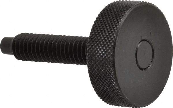 Gibraltar - 5/16-18 Knurled Shoulderless Dog Point Tip Grade 12L14 Steel Thumb Screw - 1-7/8" OAL, 1-1/8" Head Diam x 3/8" Head Height, Black Oxide Finish - Benchmark Tooling