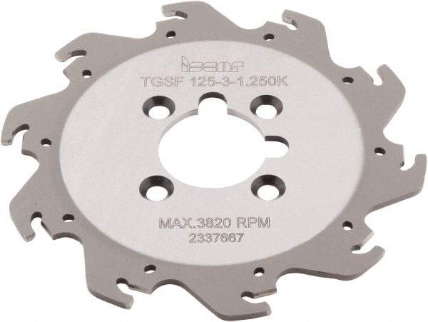 Iscar - Arbor Hole Connection, 0.118" Cutting Width, 1.36" Depth of Cut, 4.921" Cutter Diam, 1-1/4" Hole Diam, 10 Tooth Indexable Slotting Cutter - TGSF Toolholder, TAG N3\x85 Insert, Right Hand Cutting Direction - Benchmark Tooling