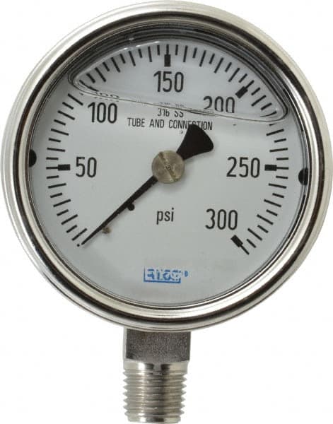 Wika - 2-1/2" Dial, 1/4 Thread, 0-300 Scale Range, Pressure Gauge - Lower Connection Mount, Accurate to 2-1-2% of Scale - Benchmark Tooling