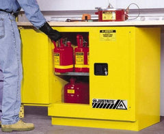 Justrite - 2 Door, 1 Shelf, Yellow Steel Under the Counter Safety Cabinet for Flammable and Combustible Liquids - 35" High x 35" Wide x 22" Deep, Manual Closing Door, 22 Gal Capacity - Benchmark Tooling