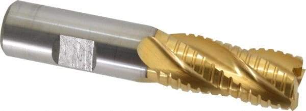 Hertel - 3/4" Diam, 1-5/8" LOC, 4 Flute Cobalt Roughing & Finishing Square End Mill - TiN Finish, 3-3/4" OAL, 3/4" Shank Diam, Weldon Shank, Non-Centercutting - Benchmark Tooling