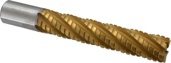 Hertel - 1-1/4" Diam, 6" LOC, 6 Flute Cobalt Roughing & Finishing Square End Mill - TiN Finish, 8-1/2" OAL, 1-1/4" Shank Diam, Weldon Shank, Centercutting - Benchmark Tooling