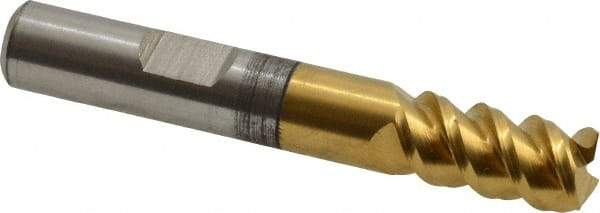 Hertel - 3/8" Diam, 3/4" LOC, 3 Flute Powdered Metal Roughing & Finishing Square End Mill - TiN Finish, 2-1/2" OAL, 3/8" Shank Diam, Weldon Shank, 60° Helix, Centercutting - Benchmark Tooling