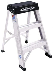 Werner - 2 Steps, 2' High, Type IA Rating, Aluminum Step Ladder - 300 Lb Capacity, 17" Base Width - Benchmark Tooling