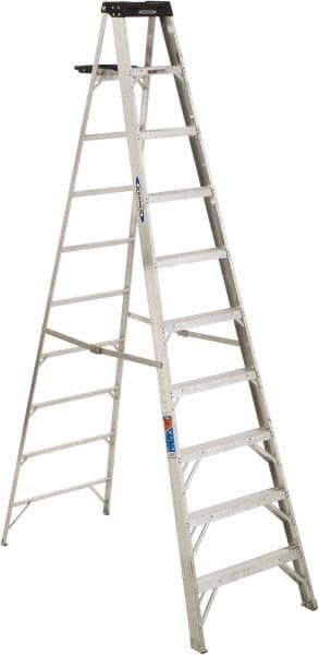 Werner - 9 Steps, 10' High, Type IA Rating, Aluminum Step Ladder - 300 Lb Capacity, 30" Base Width - Benchmark Tooling