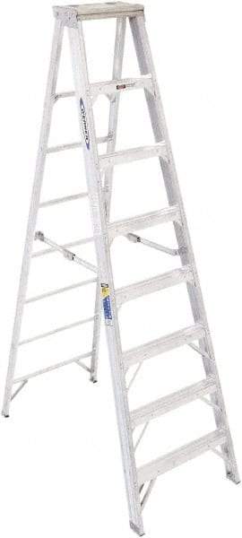 Werner - 7 Steps, 8' High, Type IAA Rating, Aluminum Step Ladder - 375 Lb Capacity, 28-1/4" Base Width - Benchmark Tooling