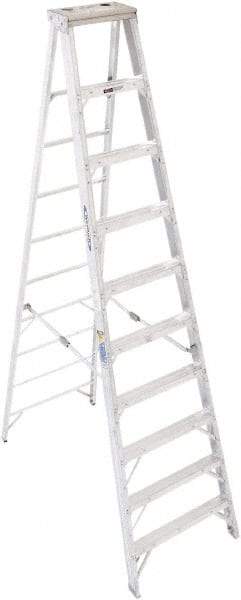 Werner - 9 Steps, 10' High, Type IAA Rating, Aluminum Step Ladder - 375 Lb Capacity, 31-3/4" Base Width - Benchmark Tooling