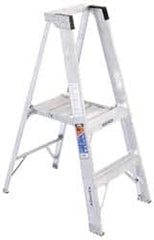 Werner - 2 Steps, 4' High, Type I Rating, Aluminum Platform Ladder - 250 Lb Capacity, 21-1/4" Base Width - Benchmark Tooling