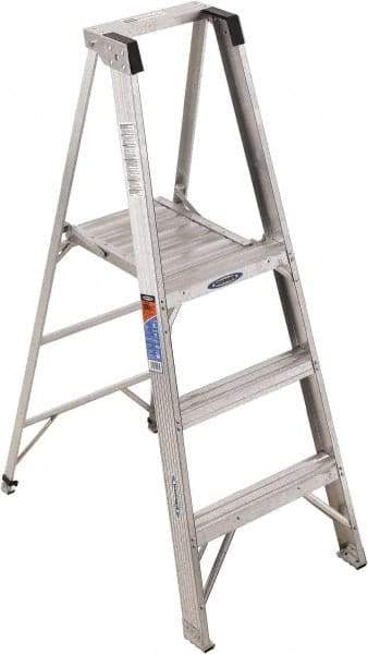 Werner - 3 Steps, 5' High, Type IA Rating, Aluminum Platform Ladder - 300 Lb Capacity, 23" Base Width - Benchmark Tooling