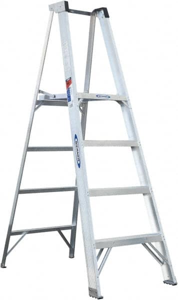 Werner - 4 Steps, 6' High, Type I Rating, Aluminum Platform Ladder - 250 Lb Capacity, 24-3/4" Base Width - Benchmark Tooling