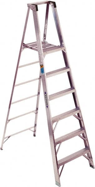 Werner - 6 Steps, 8' High, Type I Rating, Aluminum Platform Ladder - 250 Lb Capacity, 28-1/4" Base Width - Benchmark Tooling