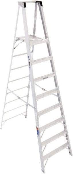 Werner - 8 Steps, 10' High, Type I Rating, Aluminum Platform Ladder - 250 Lb Capacity, 31-3/4" Base Width - Benchmark Tooling