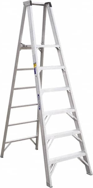 Werner - 6 Steps, 8' High, Type IAA Rating, Aluminum Platform Ladder - 375 Lb Capacity, 28-1/4" Base Width - Benchmark Tooling