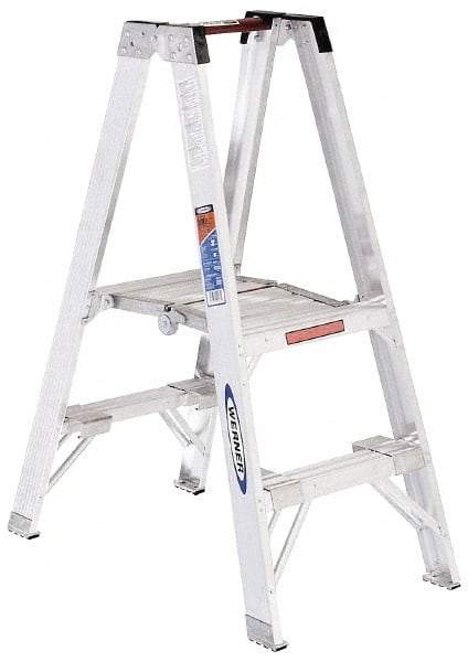 Werner - 2 Steps, 4' High, Type IA Rating, Aluminum Platform Ladder - 300 Lb Capacity, 21-1/4" Base Width - Benchmark Tooling