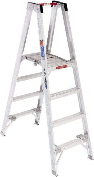 Werner - 8 Steps, 6' High, Type I Rating, Aluminum Platform Ladder - 250 Lb Capacity, 24-3/4" Base Width - Benchmark Tooling